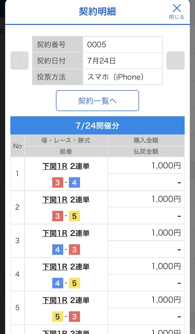 2026年7月24日の下関1Rの舟券