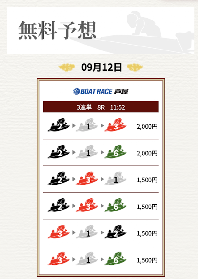 一騎当船の無料予想（2025年9月12日芦屋8R）