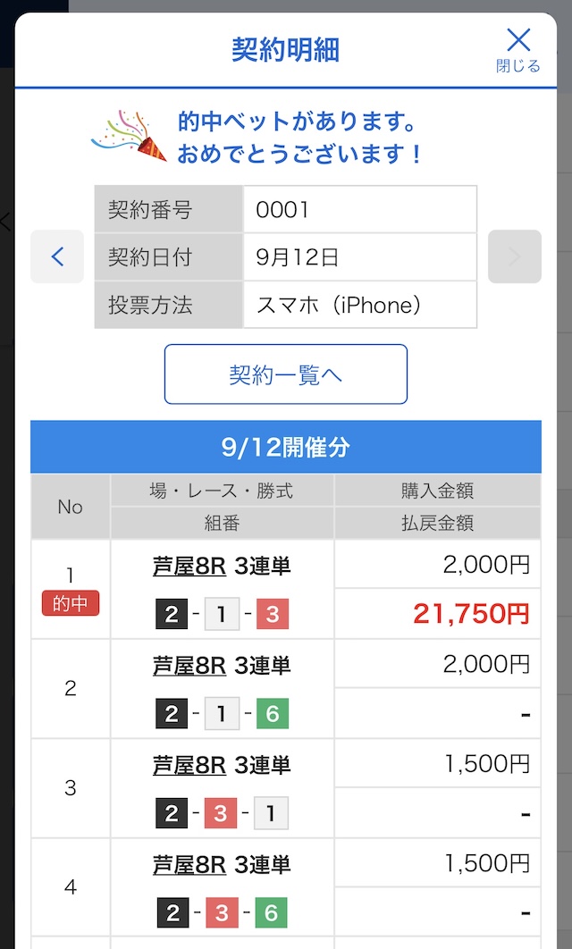 2025年9月12日芦屋8Rの舟券