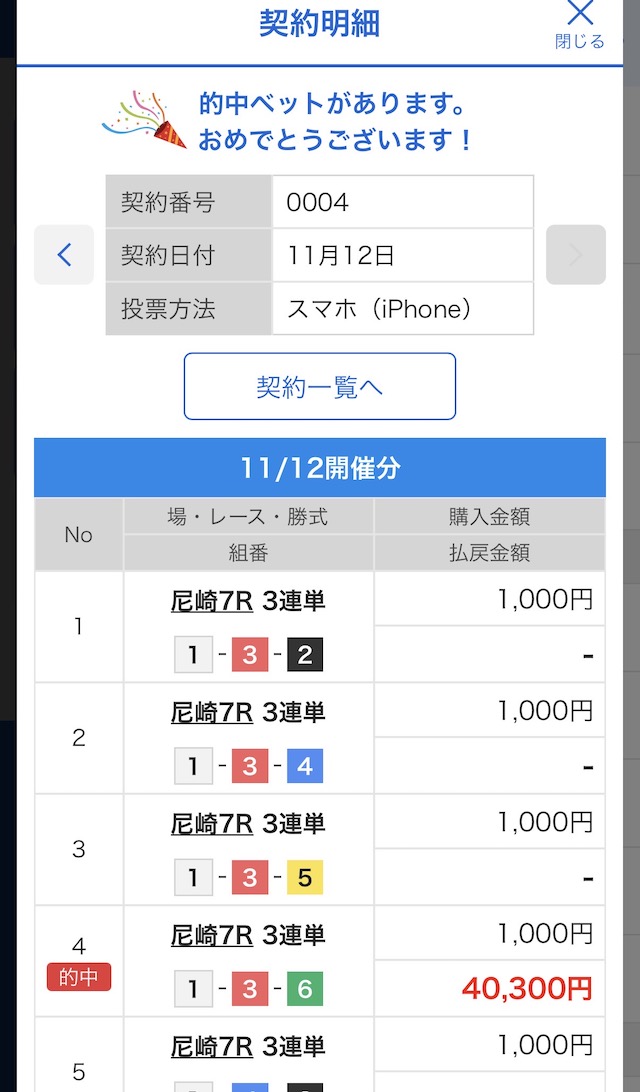 2024年11月12日尼崎7Rの舟券